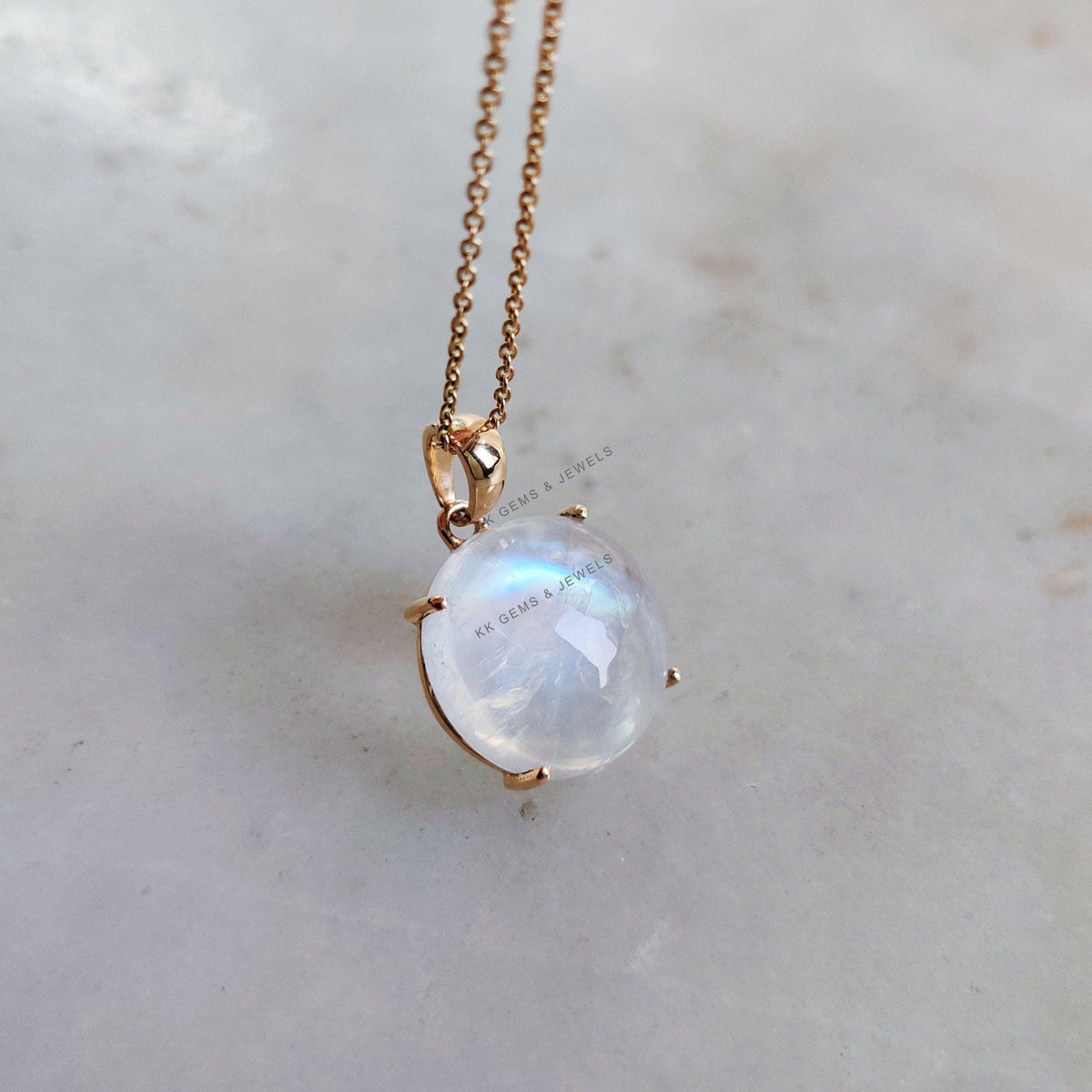 Natural Rainbow Moonstone 14K Solid Yellow Gold Pendant, June Birthstone