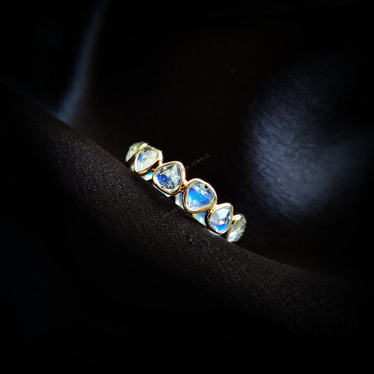 Natural Rainbow Moonstone Heart Ring, 14K Solid Yellow Gold Bezel Stackable Band, June Birthstone