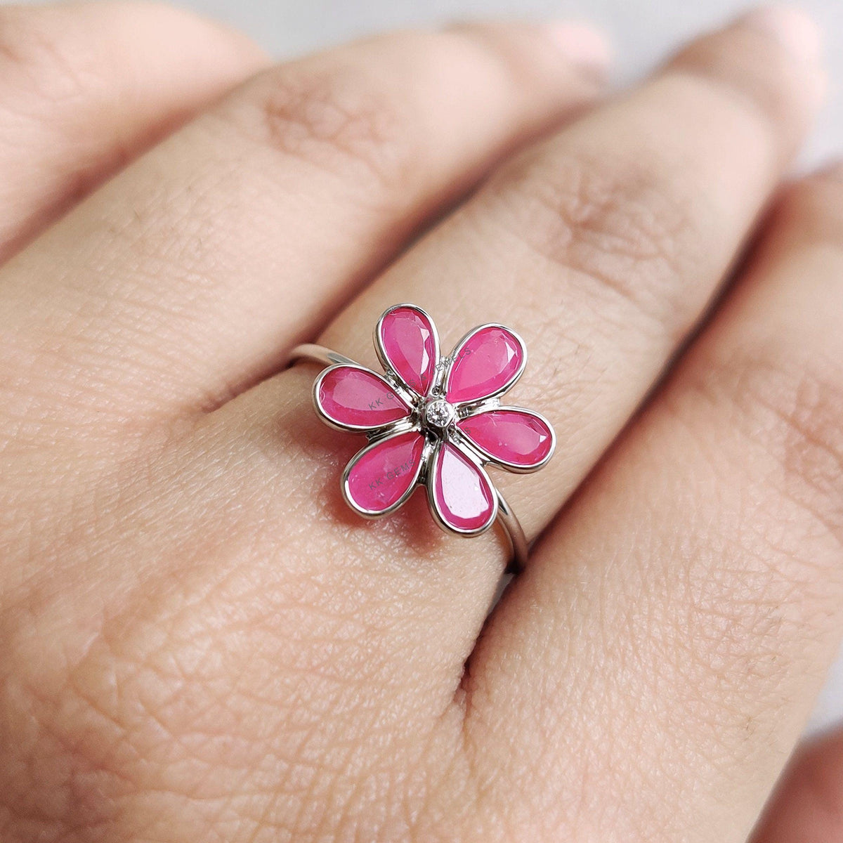 Natural Ruby & Diamond Flower Ring, 14K Solid White Gold, July Birthstone