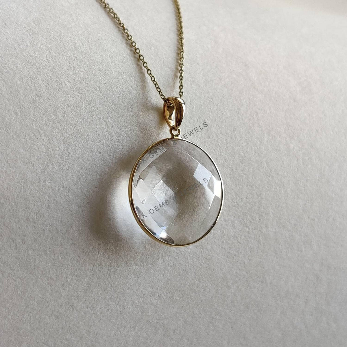 14K Solid Gold Natural Clear Quartz Round Briolette Pendant, April Birthstone