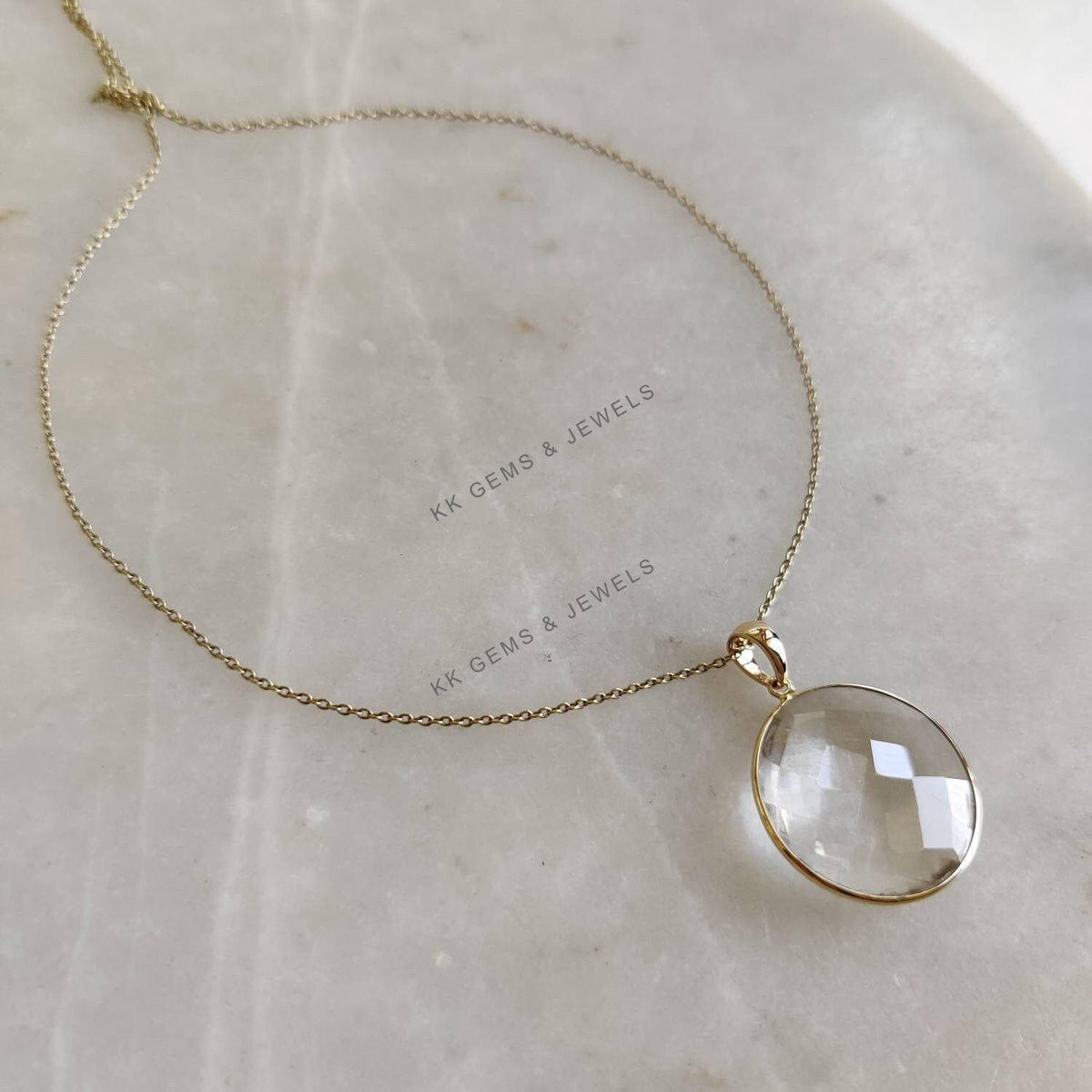 14K Solid Gold Natural Clear Quartz Round Briolette Pendant, April Birthstone