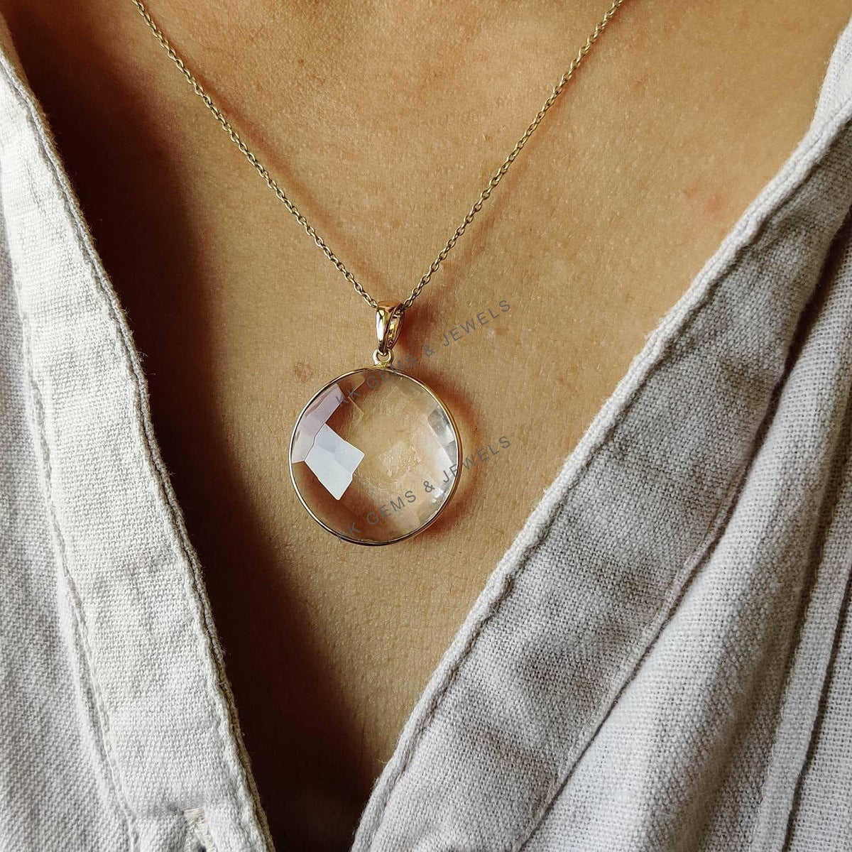 14K Solid Gold Natural Clear Quartz Round Briolette Pendant, April Birthstone