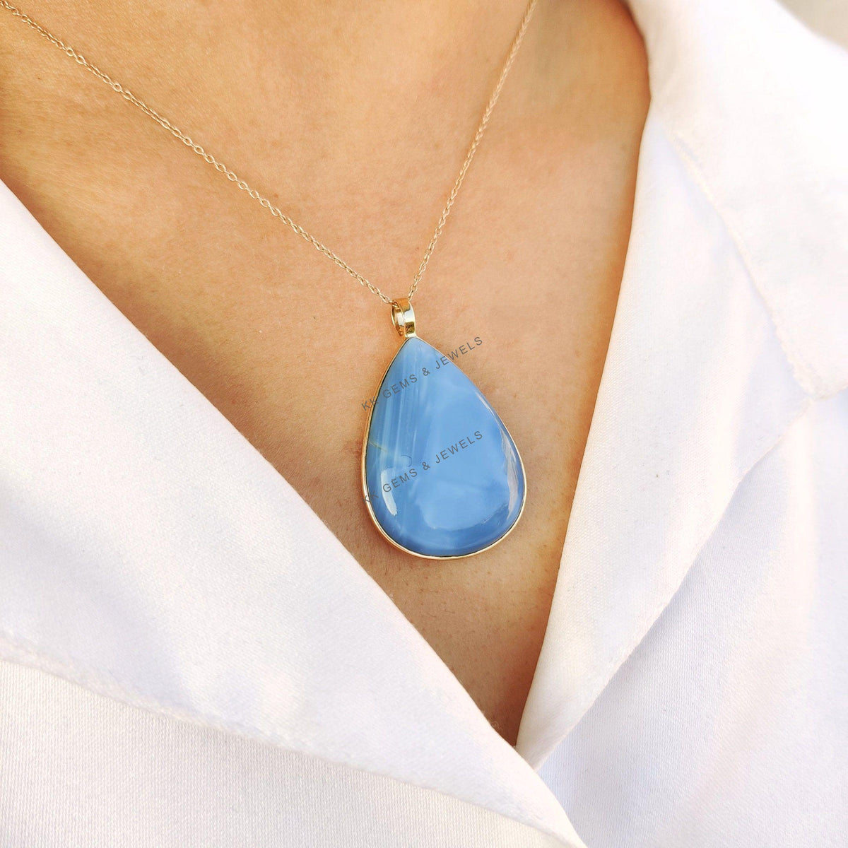Natural Blue Opal Pendant, 14K Solid Yellow Gold Bezel Pendant, October Birthstone, Pear Pendant, Christmas Present, Natural Opal Jewelry