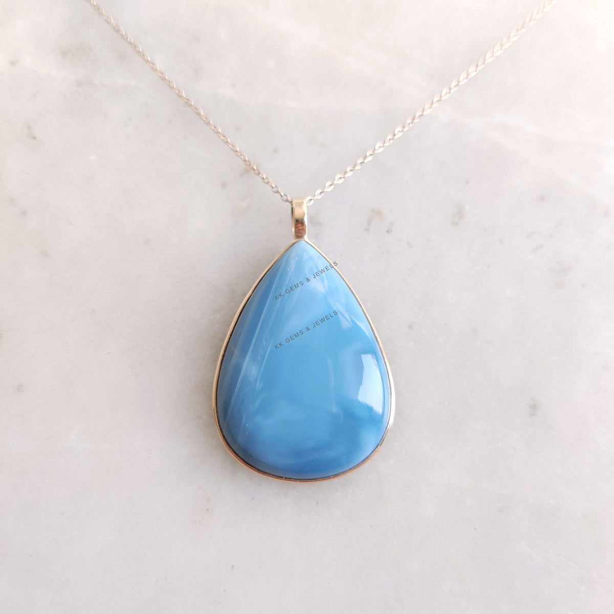 Natural Blue Opal Pendant, 14K Solid Yellow Gold Bezel Pendant, October Birthstone, Pear Pendant, Christmas Present, Natural Opal Jewelry