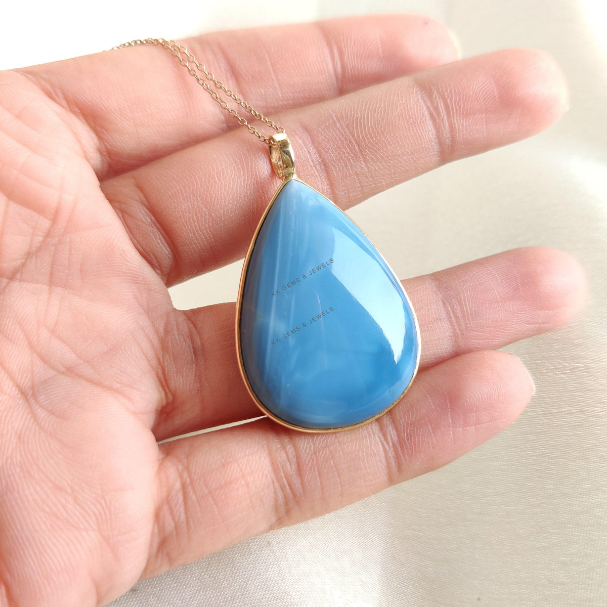 Natural Blue Opal Pendant, 14K Solid Yellow Gold Bezel Pendant, October Birthstone, Pear Pendant, Christmas Present, Natural Opal Jewelry