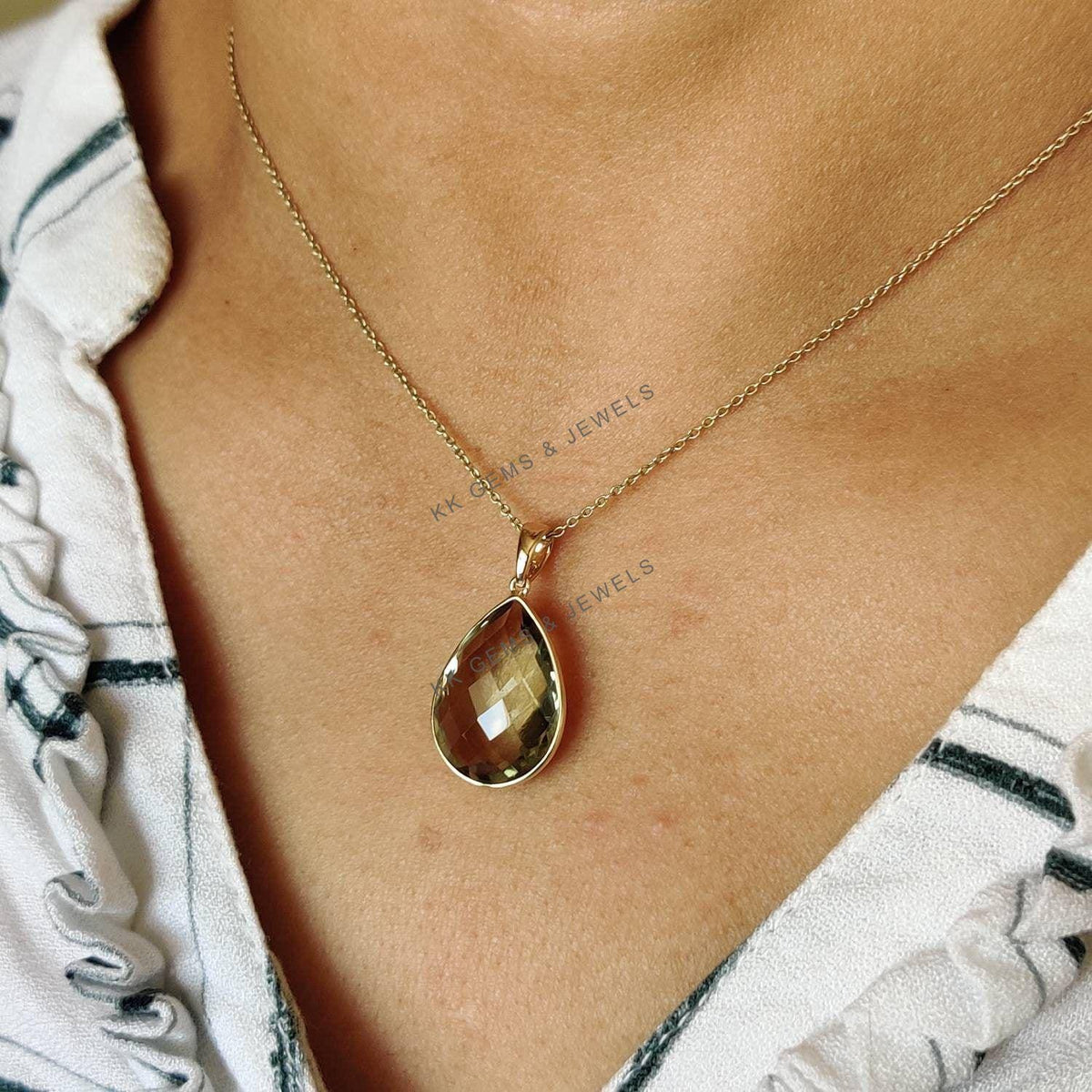 Pear Natural Green Amethyst Pendant, 14K Solid Yellow Gold Bezel Pendant, February Birthstone