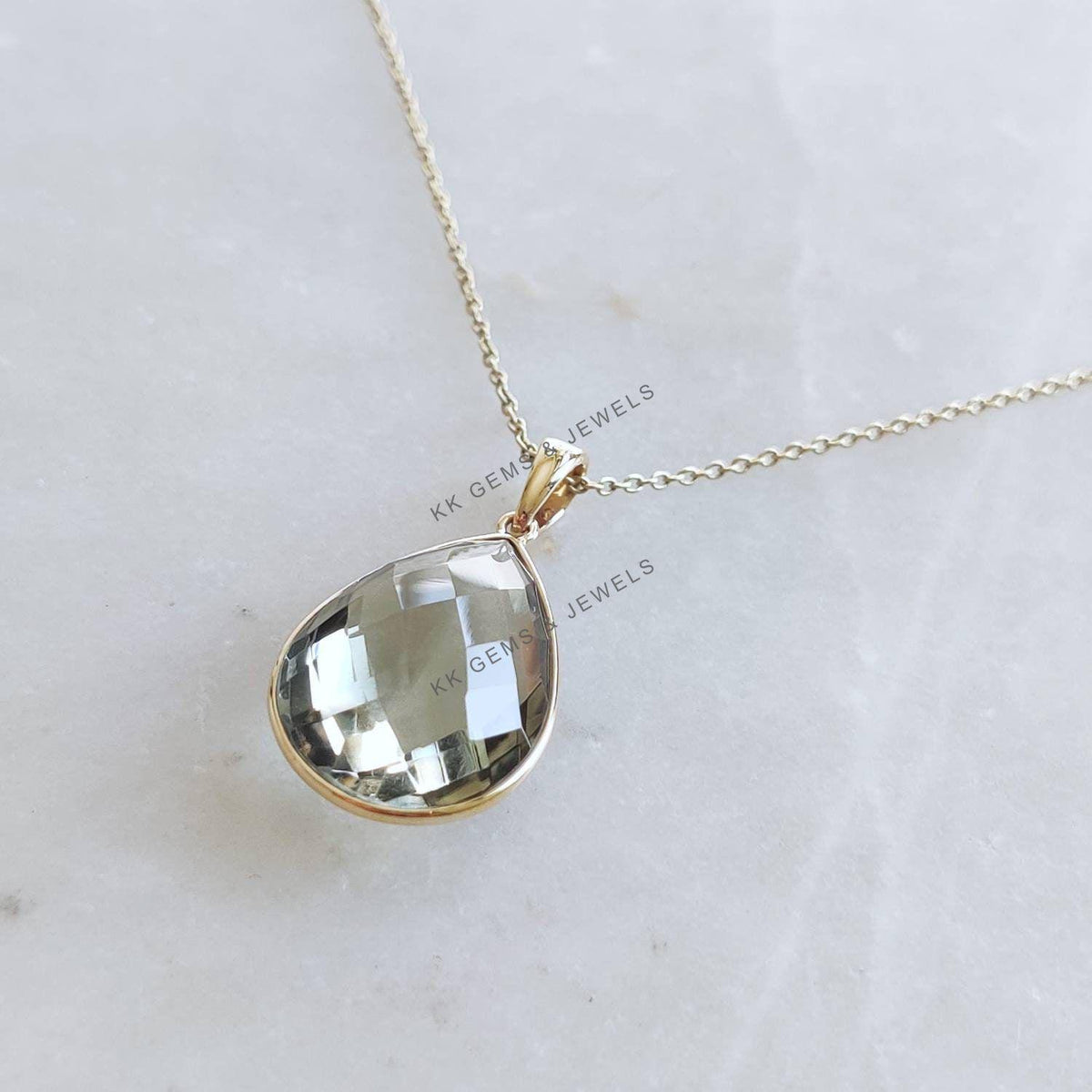 Pear Natural Green Amethyst Pendant, 14K Solid Yellow Gold Bezel Pendant, February Birthstone