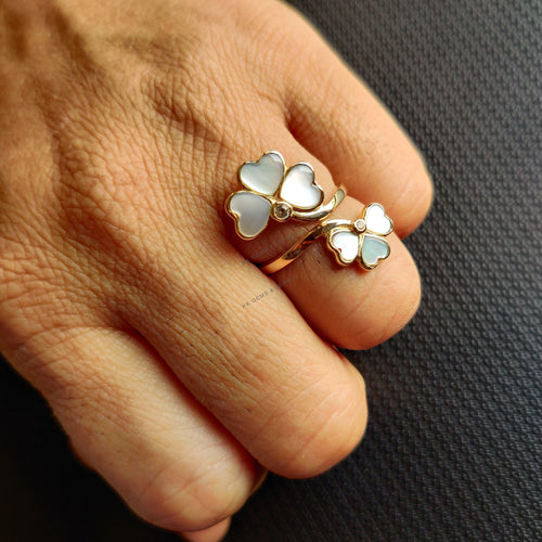 14K Solid Gold Natural Pearl & White Topaz Ring, Clover Statement Ring