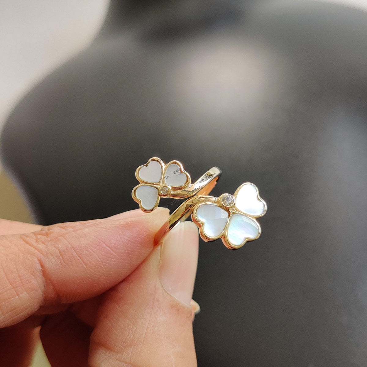 14K Solid Gold Natural Pearl & White Topaz Ring, Clover Statement Ring