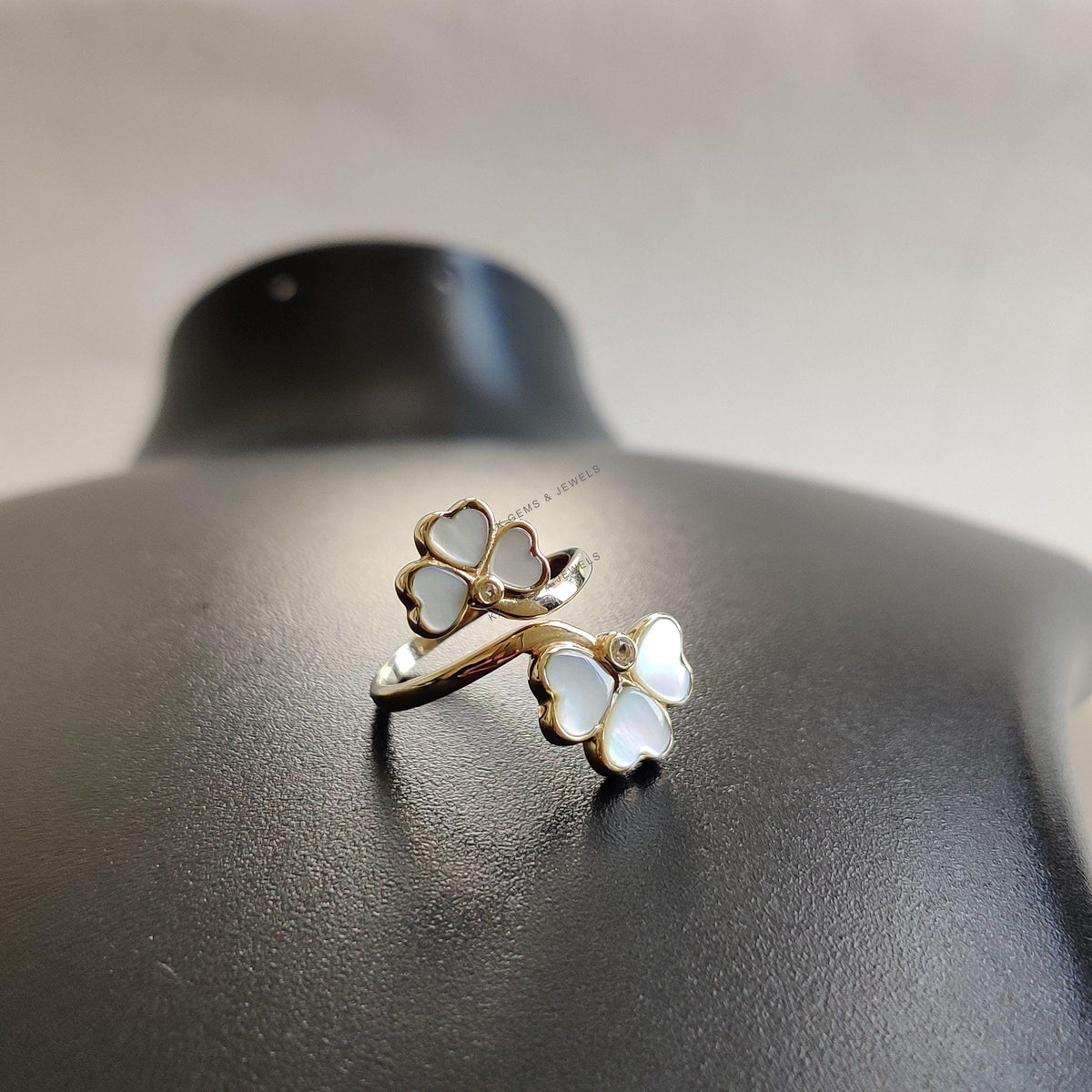 14K Solid Gold Natural Pearl & White Topaz Ring, Clover Statement Ring