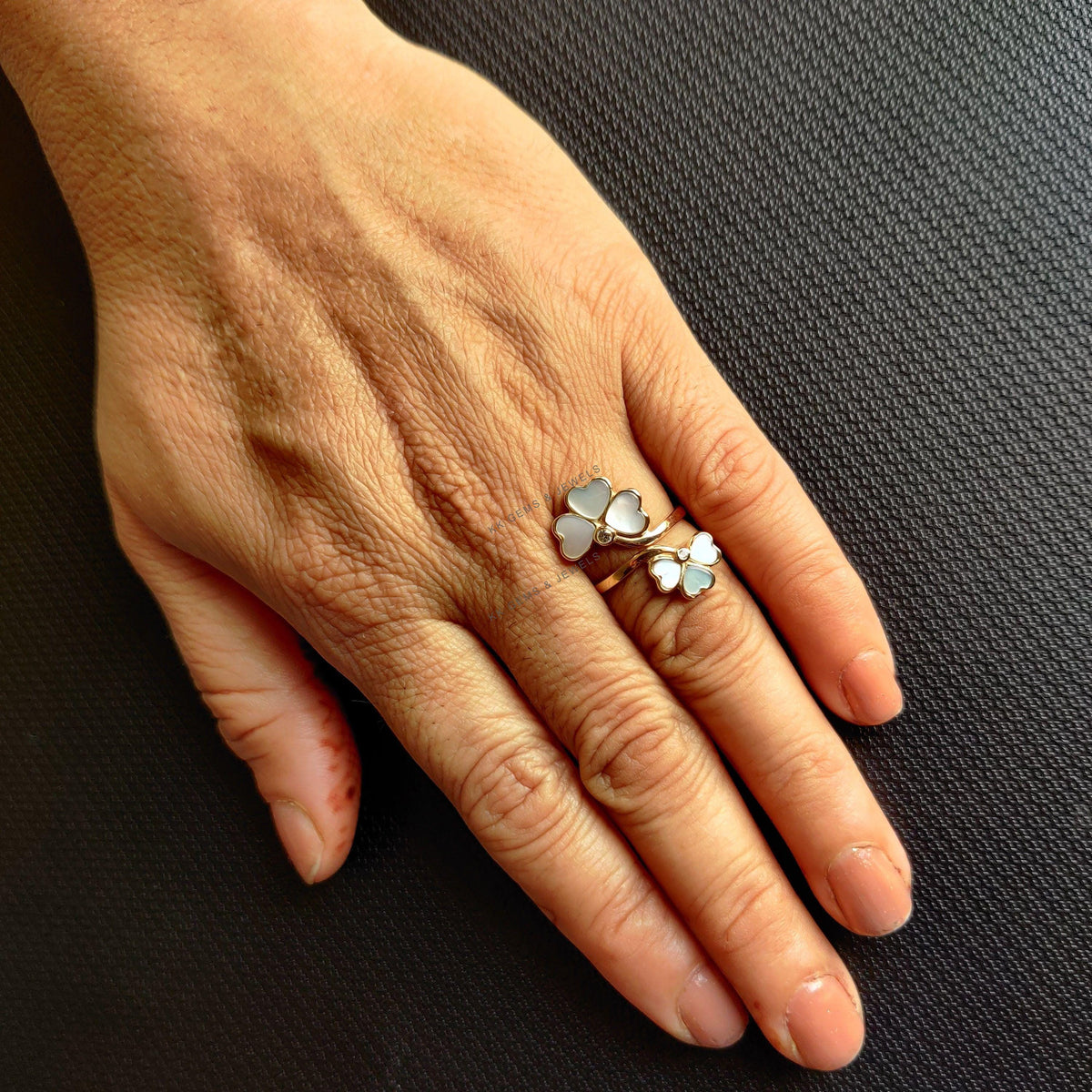 14K Solid Gold Natural Pearl & White Topaz Ring, Clover Statement Ring
