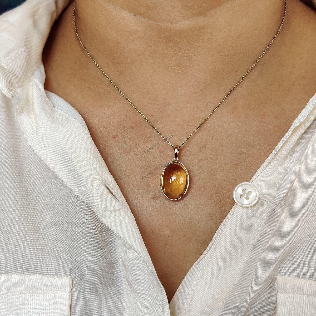 Natural Citrine Pendant, 14K Solid Yellow Gold Oval Bezel Pendant, November Birthstone