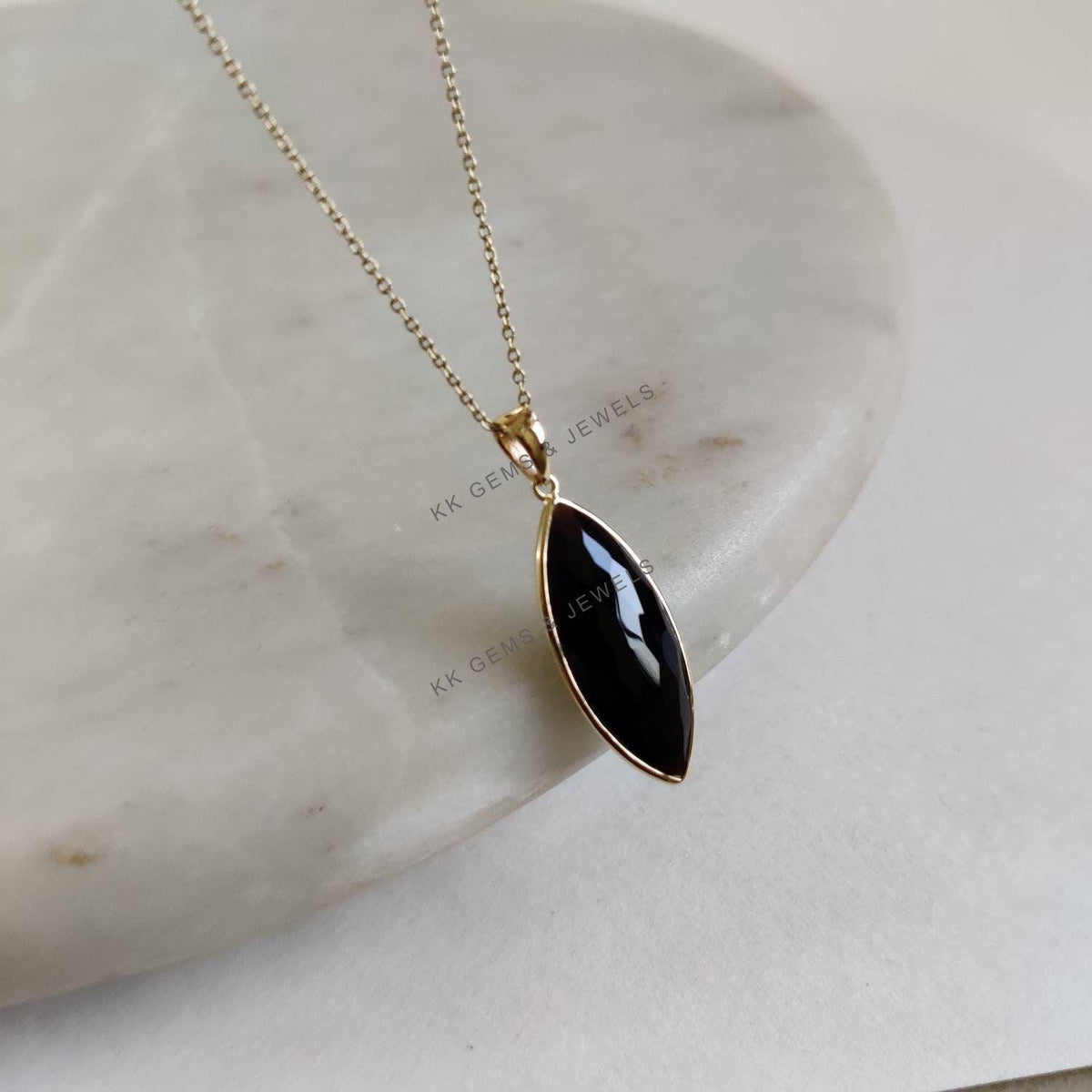 14K Solid Yellow Gold Natural Black Onyx Pendant, December Birthstone, Christmas Present
