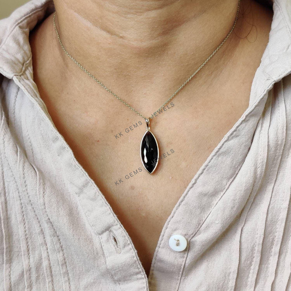 14K Solid Yellow Gold Natural Black Onyx Pendant, December Birthstone, Christmas Present