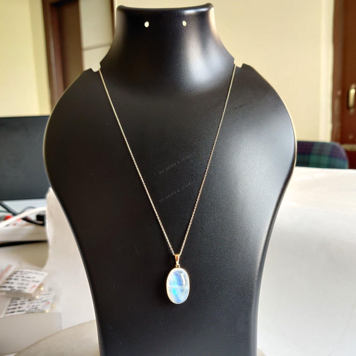 Natural Rainbow Moonstone 14K Solid Yellow Gold Pendant, June Birthstone