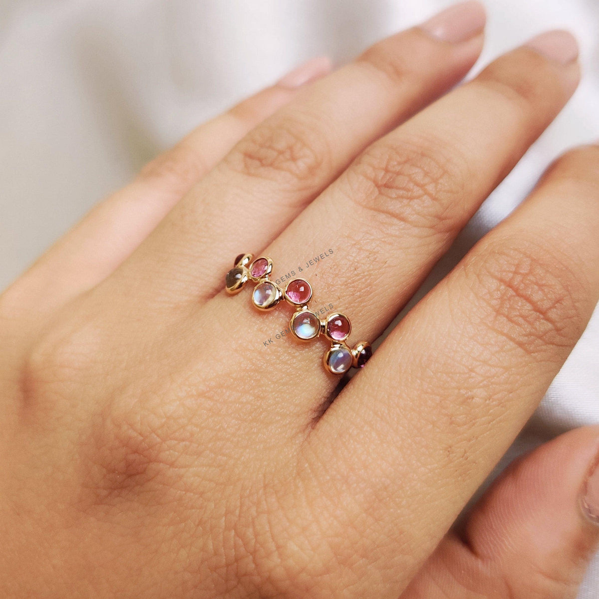 Natural Rainbow Moonstone & Pink Tourmaline Ring, 14K Solid Yellow Gold Bezel Ring