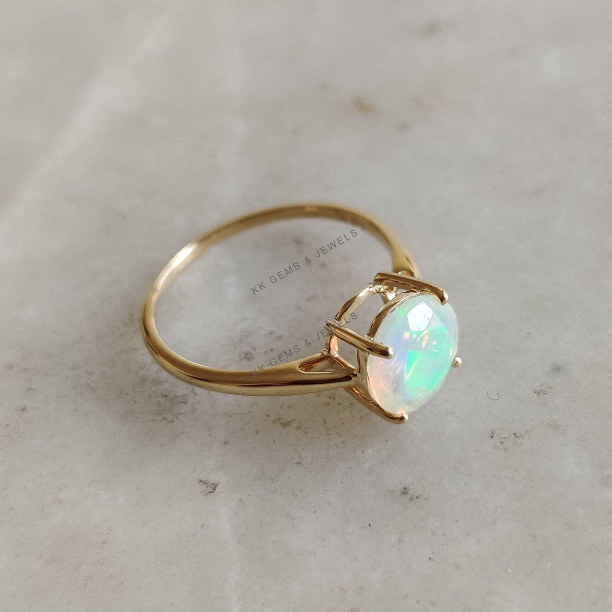 Natural Ethiopian Opal Ring, 14K Solid Yellow Gold, October Birthstone