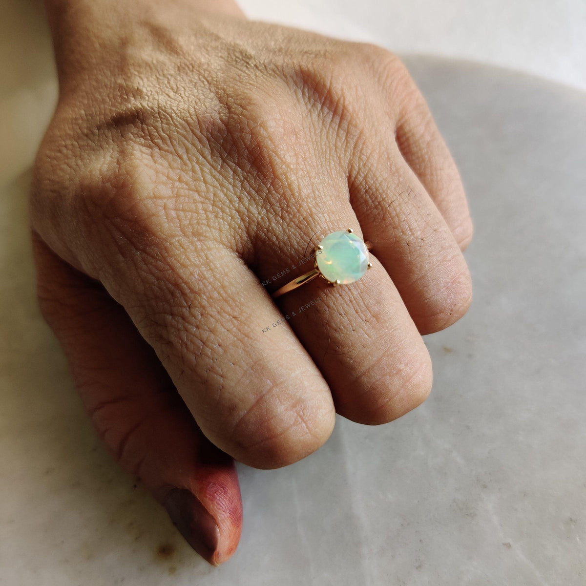 Natural Ethiopian Opal Ring, 14K Solid Yellow Gold, October Birthstone