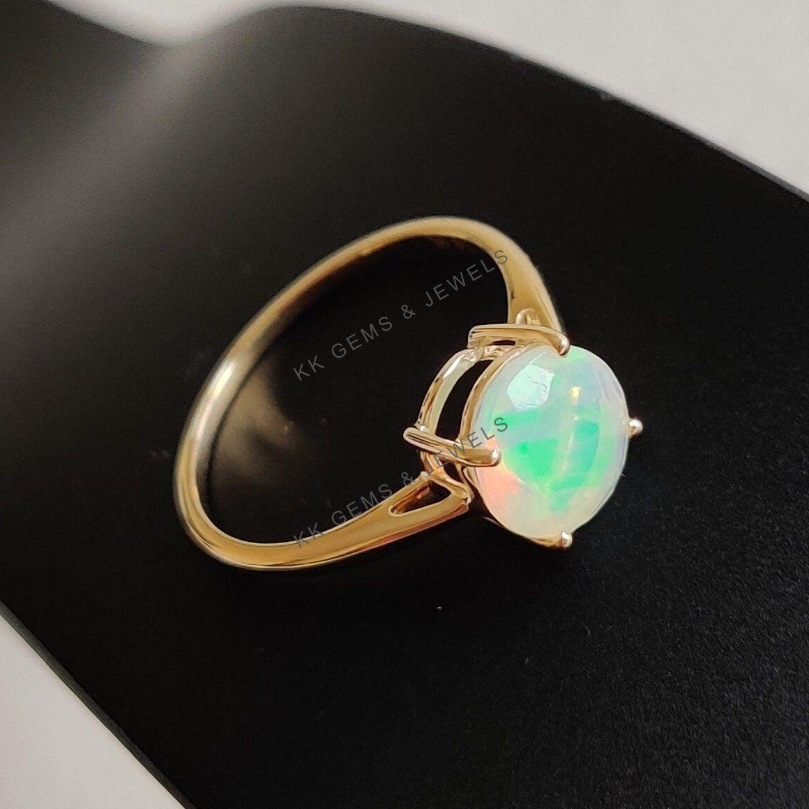 Natural Ethiopian Opal Ring, 14K Solid Yellow Gold, October Birthstone