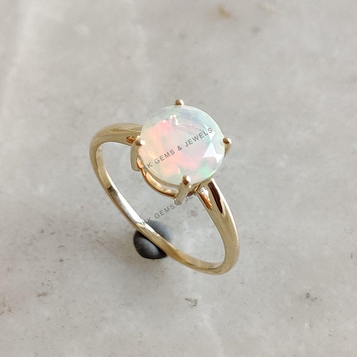 Natural Ethiopian Opal Ring, 14K Solid Yellow Gold, October Birthstone
