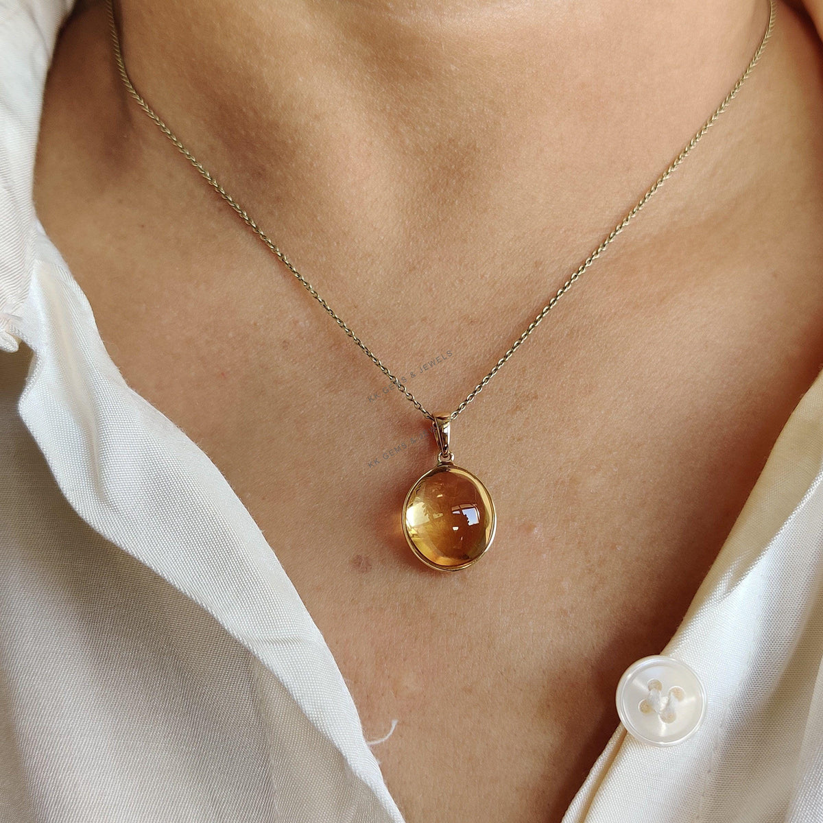 14K Solid Yellow Gold Natural Citrine Pendant, Bezel Setting, November Birthstone