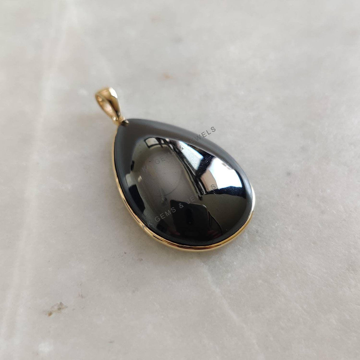 14K Solid Yellow Gold Natural Hematite Pear Bezel Pendant, March Birthstone
