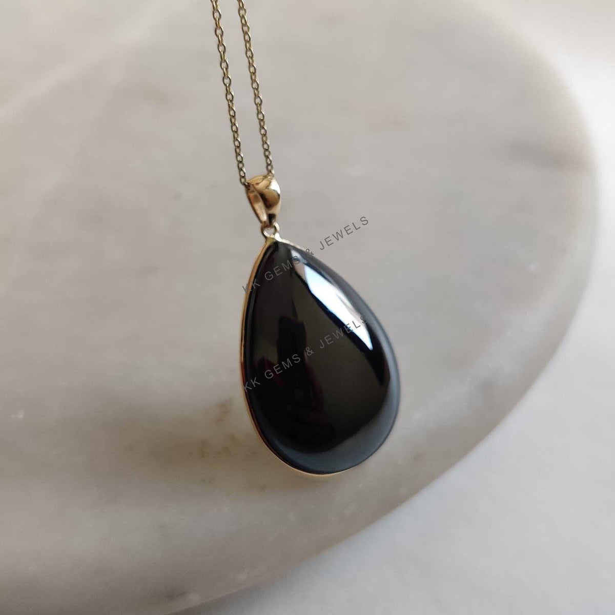 14K Solid Yellow Gold Natural Hematite Pear Bezel Pendant, March Birthstone