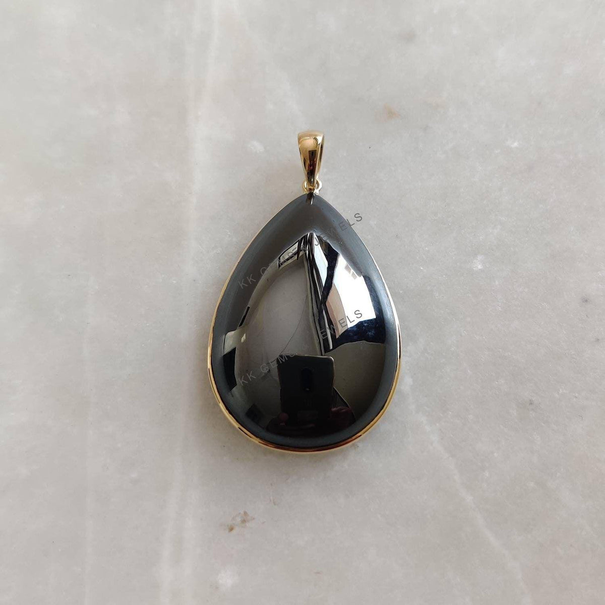 14K Solid Yellow Gold Natural Hematite Pear Bezel Pendant, March Birthstone