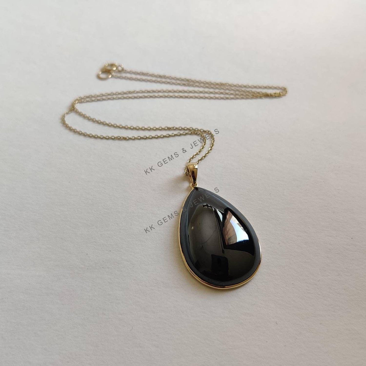 14K Solid Yellow Gold Natural Hematite Pear Bezel Pendant, March Birthstone