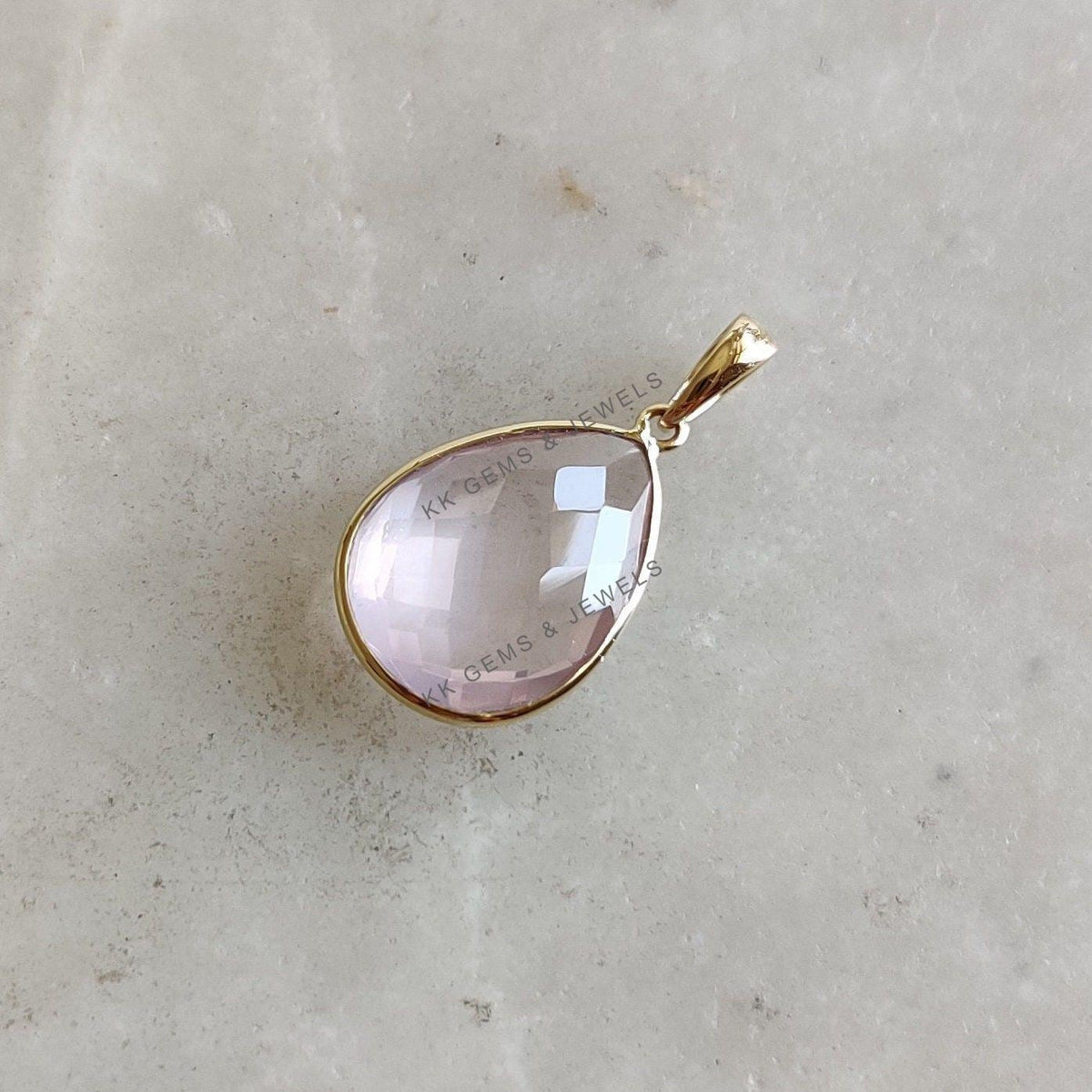 14K Solid Yellow Gold Natural Rose Quartz Pendant, Pear Checker Cut