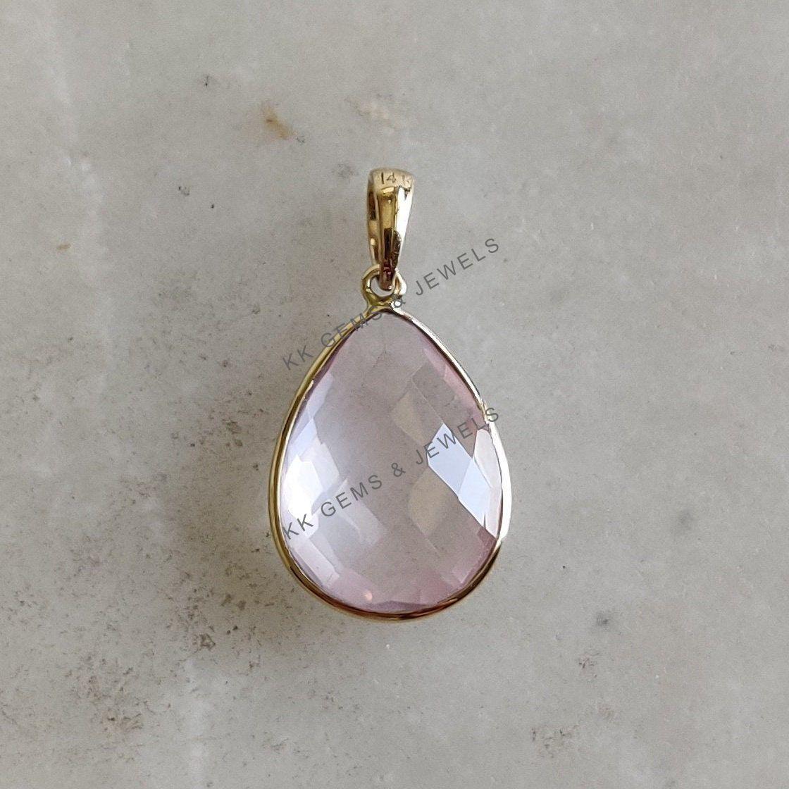 14K Solid Yellow Gold Natural Rose Quartz Pendant, Pear Checker Cut