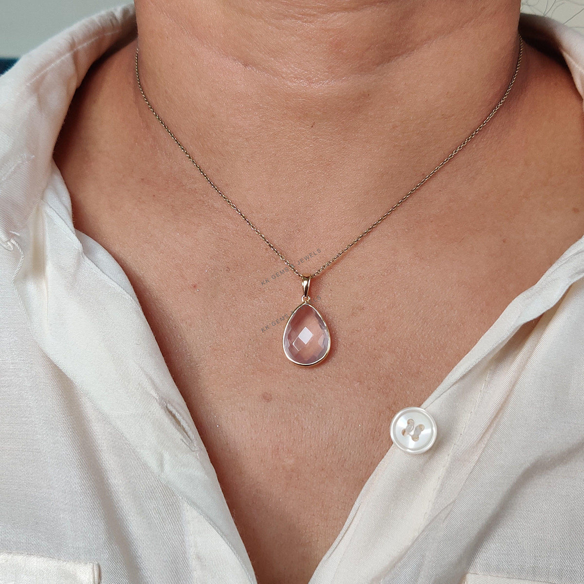 14K Solid Yellow Gold Natural Rose Quartz Pendant, Pear Checker Cut