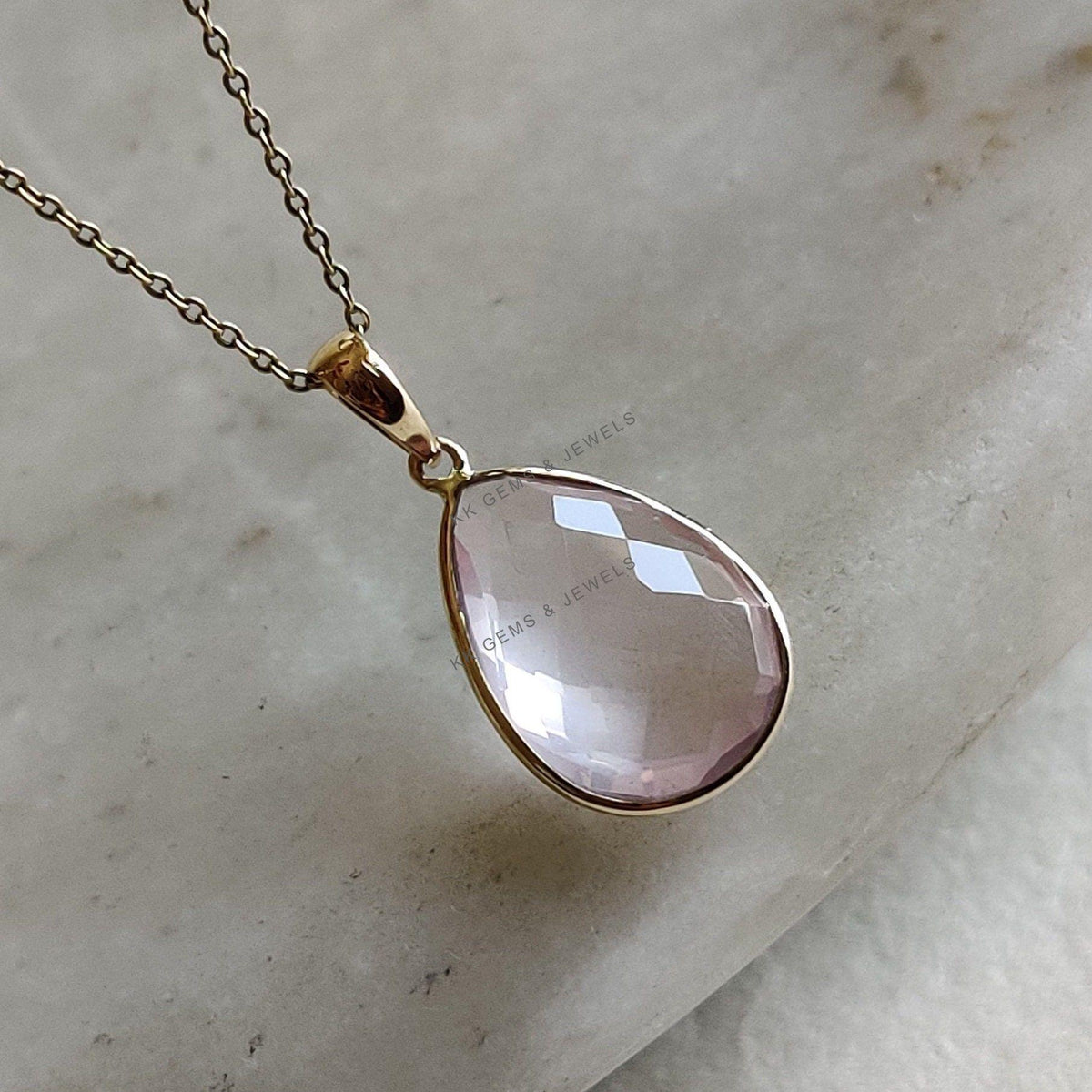 14K Solid Yellow Gold Natural Rose Quartz Pendant, Pear Checker Cut