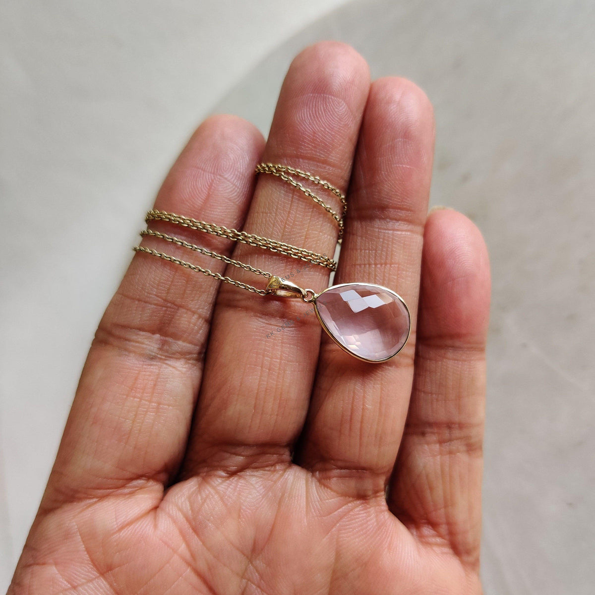 14K Solid Yellow Gold Natural Rose Quartz Pendant, Pear Checker Cut