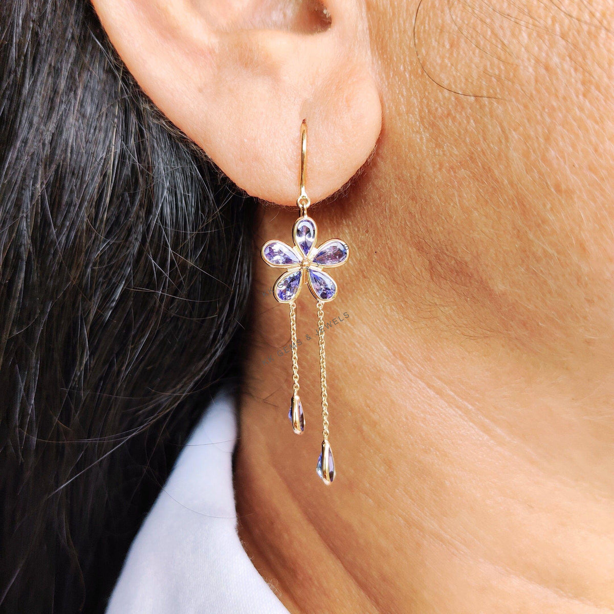 14K Solid Gold Natural Tanzanite Flower Earrings, December Birthstone