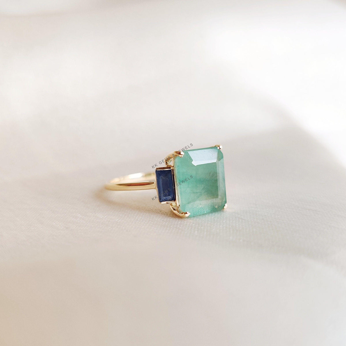 Natural Emerald & Blue Sapphire Ring, 14K Solid Yellow Gold, Octagon Gemstone