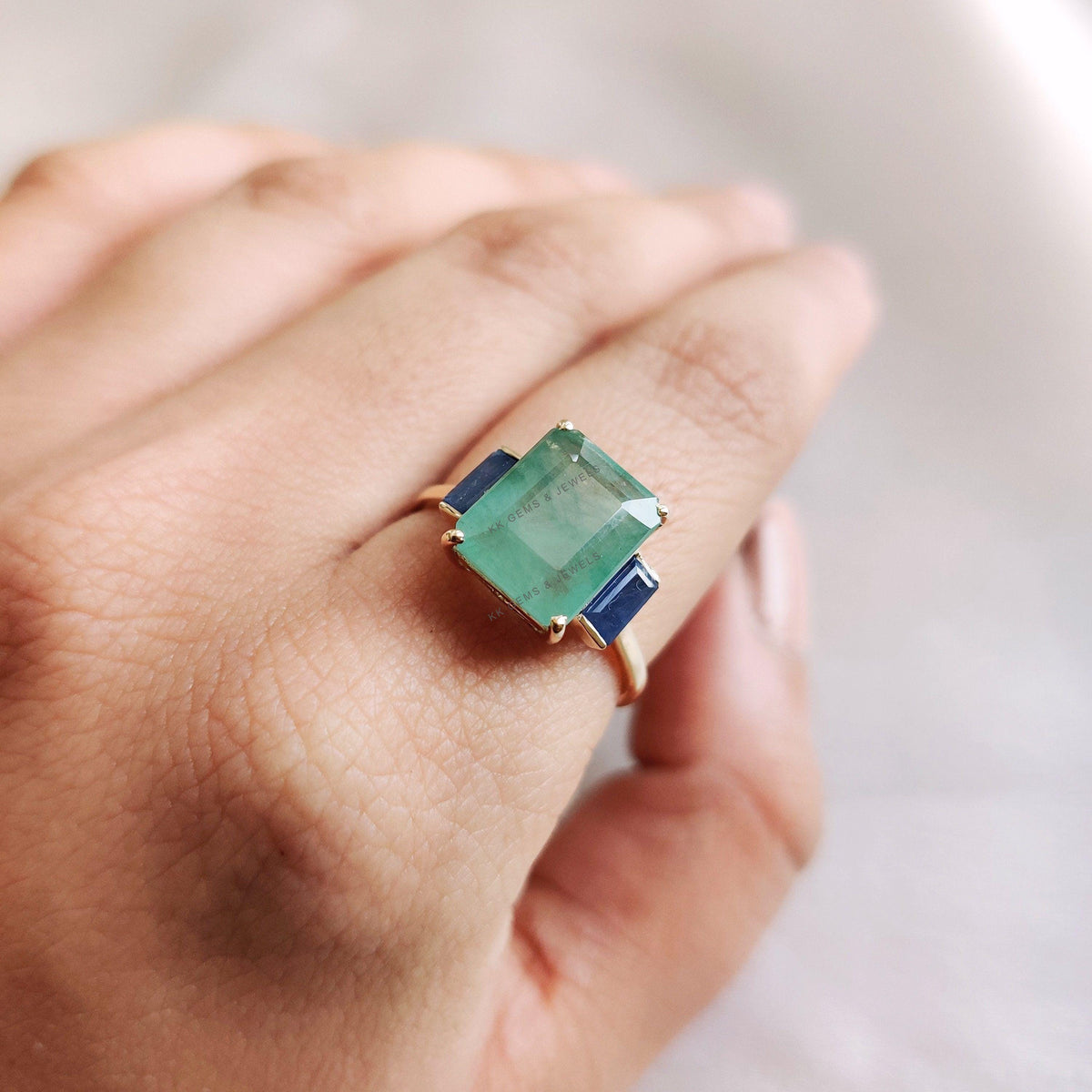 Natural Emerald & Blue Sapphire Ring, 14K Solid Yellow Gold, Octagon Gemstone