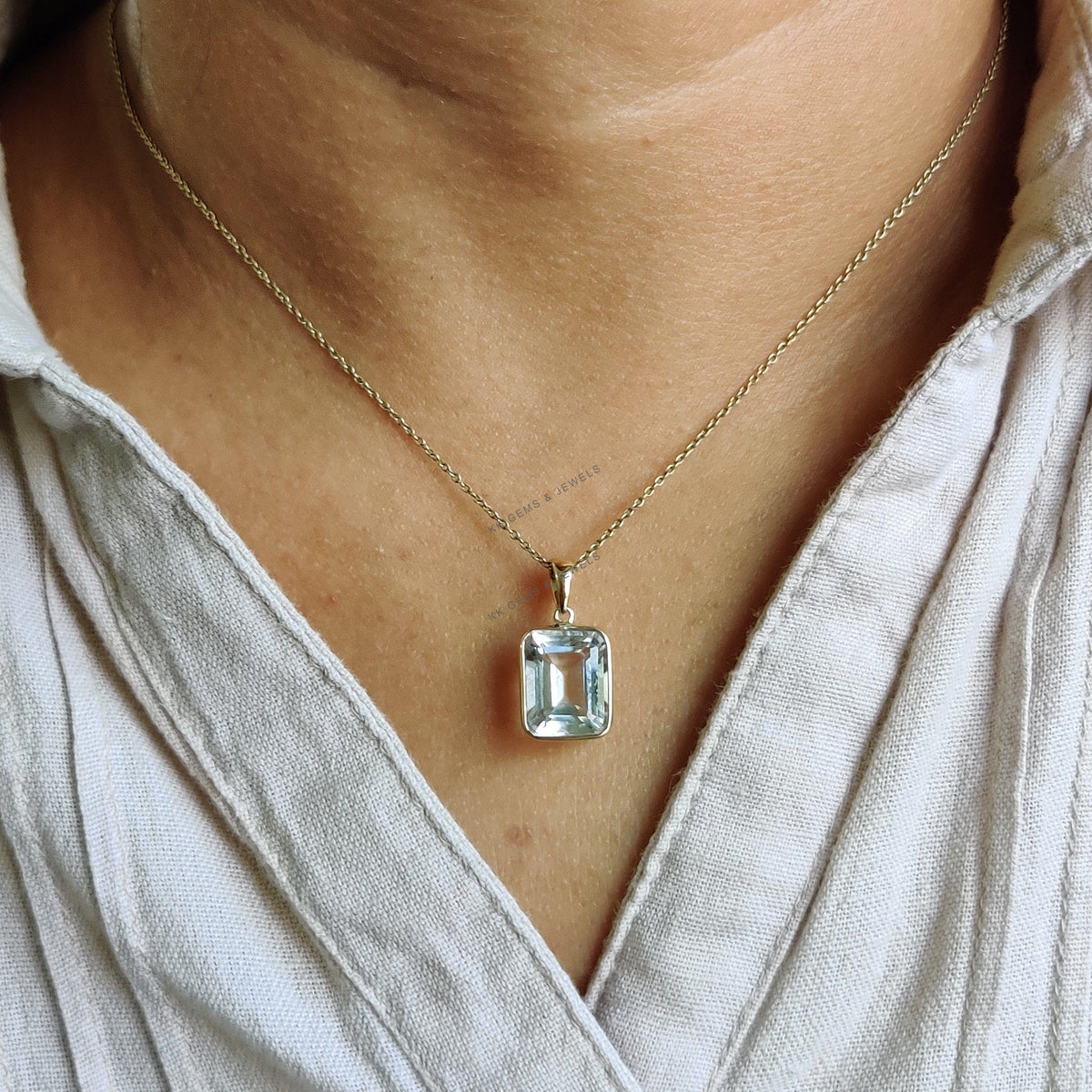 14K Solid Yellow Gold Natural Clear Quartz Pendant, April Birthstone, Octagon Pendant