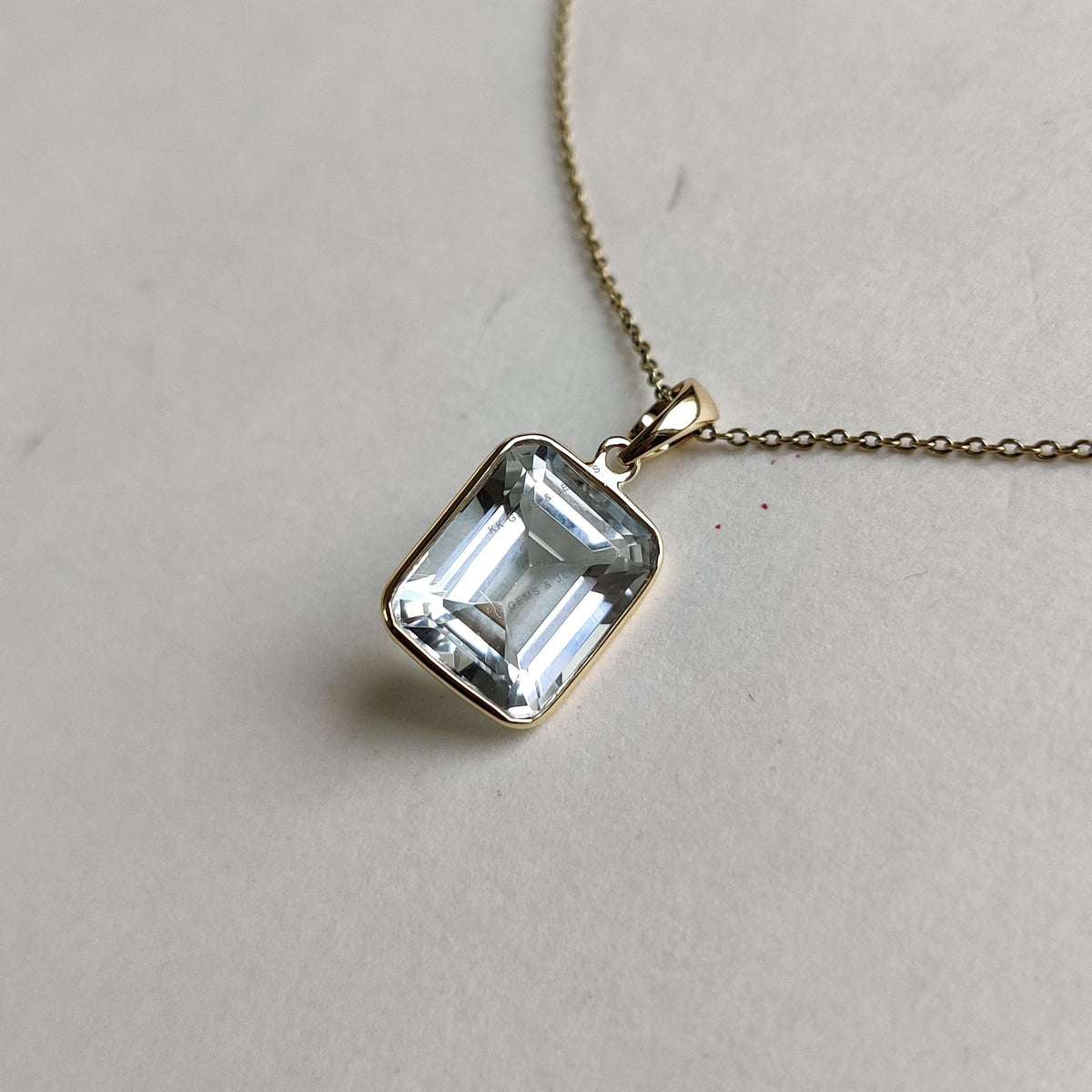 14K Solid Yellow Gold Natural Clear Quartz Pendant, April Birthstone, Octagon Pendant