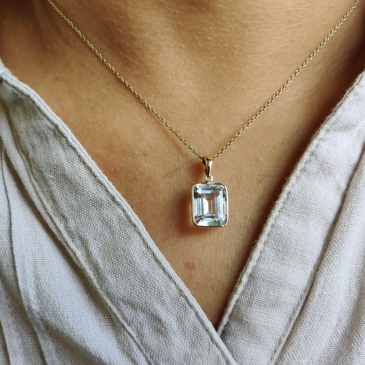 14K Solid Yellow Gold Natural Clear Quartz Pendant, April Birthstone, Octagon Pendant