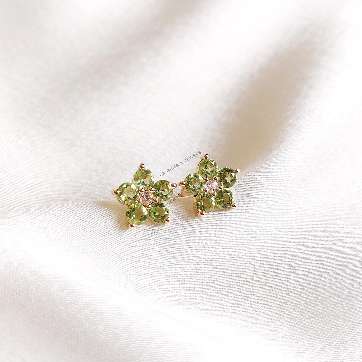 14K Solid Yellow Gold Natural Peridot & White Topaz Flower Studs, August Birthstone, Christmas Gift