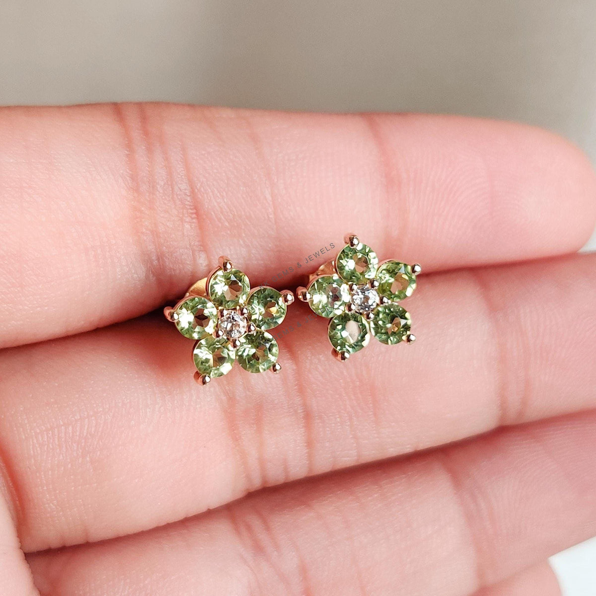 14K Solid Yellow Gold Natural Peridot & White Topaz Flower Studs, August Birthstone, Christmas Gift