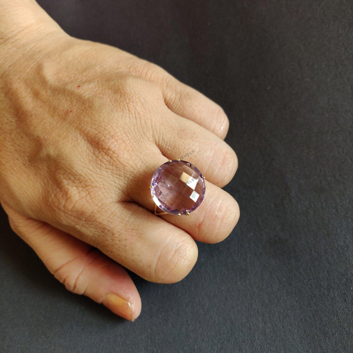 14K Solid Gold Natural Pink Amethyst Ring: Round Briolette February Birthstone