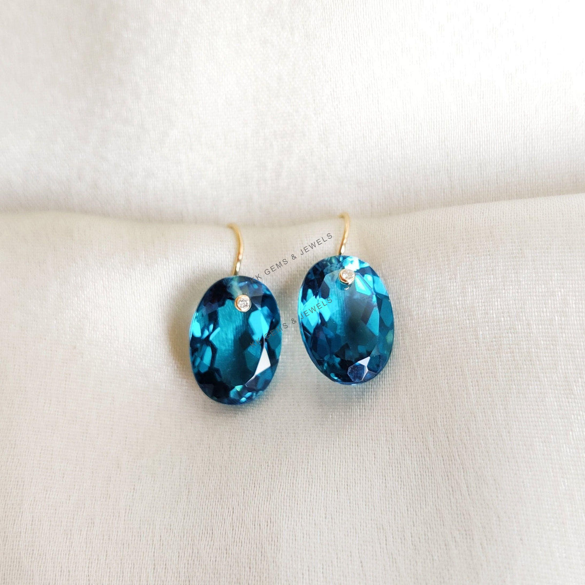 Natural London Blue Topaz & Diamond Earrings, 14K Solid Yellow Gold Earrings, December Birthstone