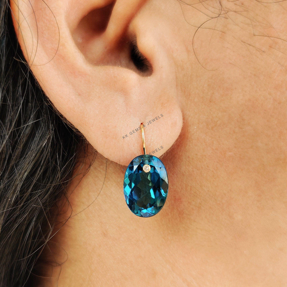 Natural London Blue Topaz & Diamond Earrings, 14K Solid Yellow Gold Earrings, December Birthstone