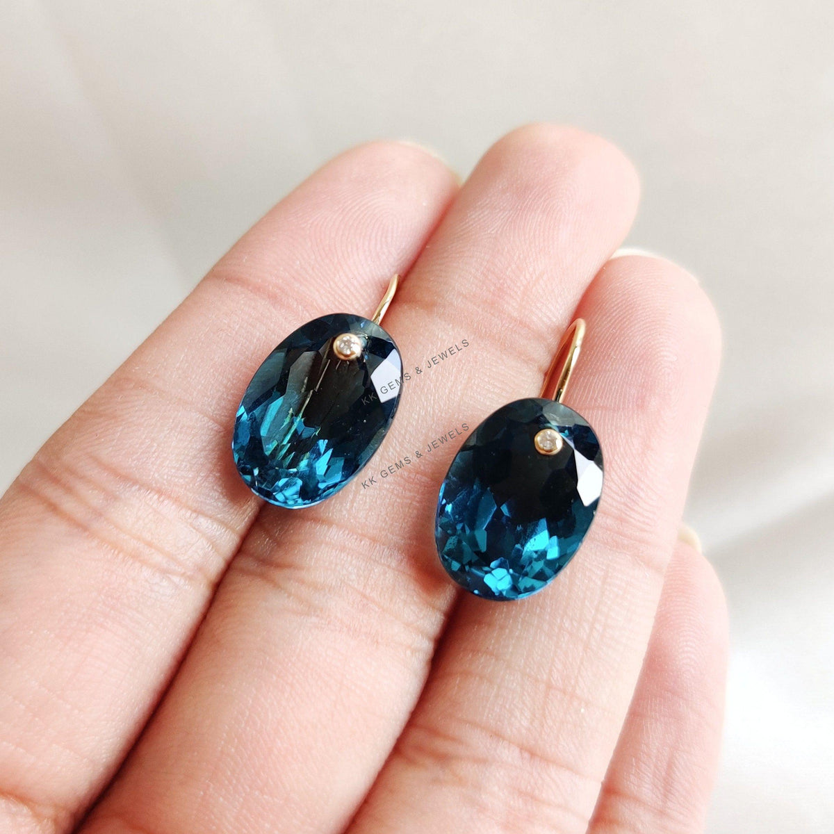 Natural London Blue Topaz & Diamond Earrings, 14K Solid Yellow Gold Earrings, December Birthstone