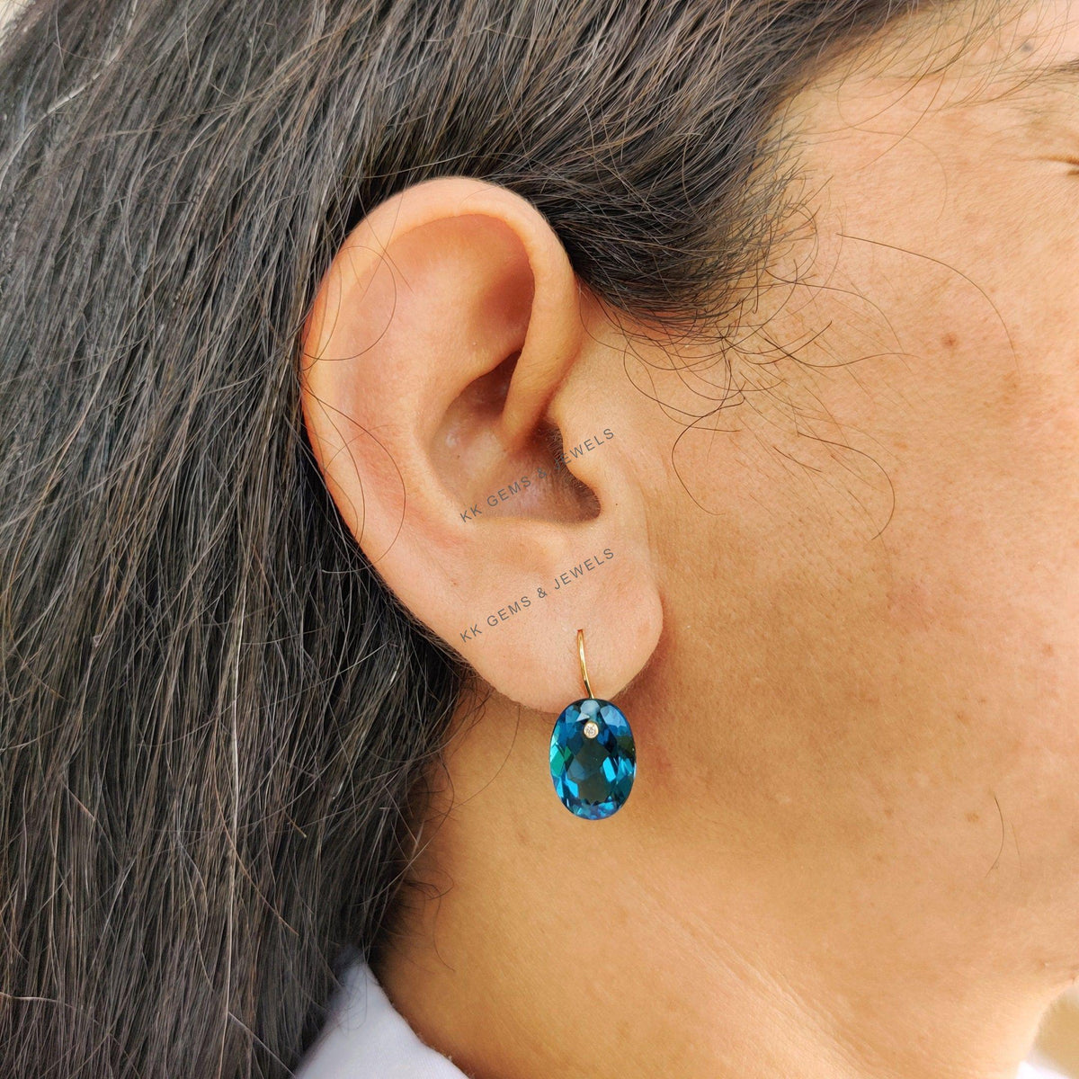 Natural London Blue Topaz & Diamond Earrings, 14K Solid Yellow Gold Earrings, December Birthstone