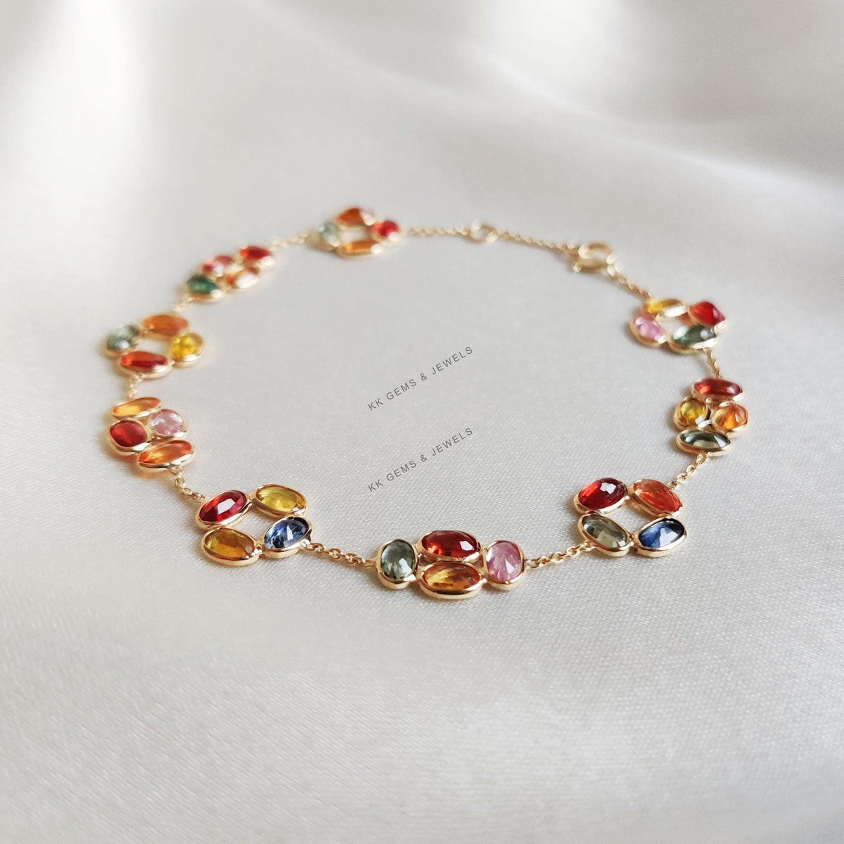 14K Solid Yellow Gold Natural Multi Sapphire Bracelet, September Birthstone