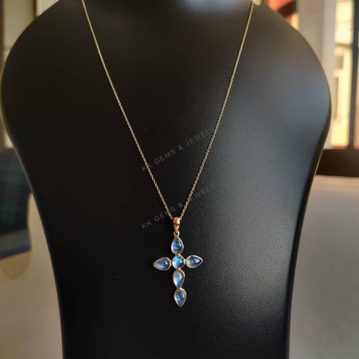 Natural Rainbow Moonstone Cross Pendant, 14K Solid Yellow Gold, June Birthstone Christmas Gift