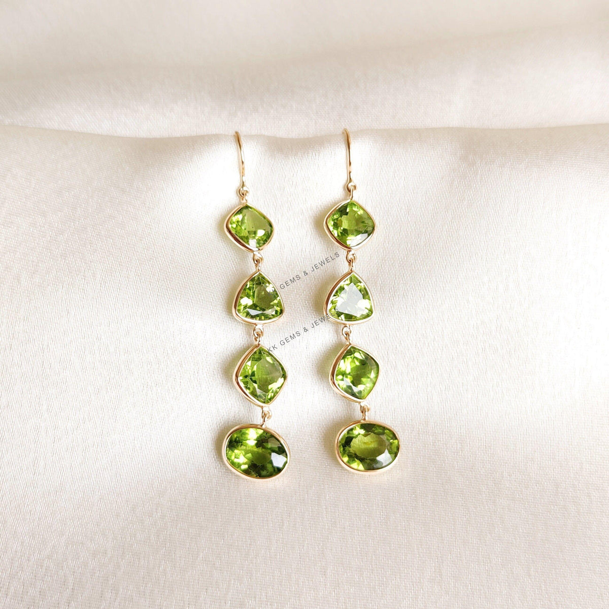 14K Solid Gold Natural Peridot Dangle Earrings, August Birthstone